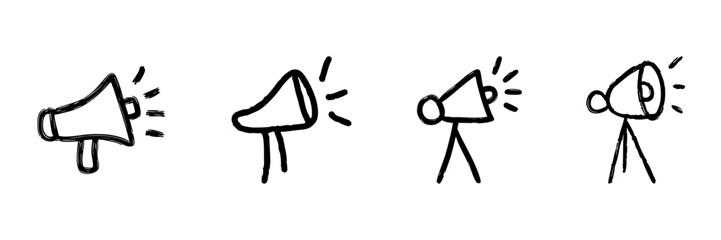 Megaphone Line Icon Set In Doodle Style. Communication, Announcement, And Public Speaking Outline Sketch Collection. Hand Drawn Isolated Vector Illustration