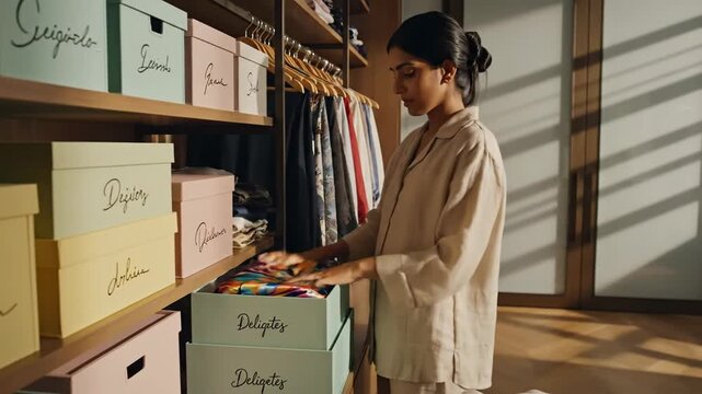 Woman organizing clothes in a modern walkin closet with pastel storage boxes and natural light creating a serene and organized atmosphere for a calm and peaceful morning routine