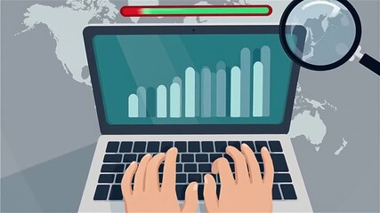 animated illustration of a person using laptop with charts and analytics 