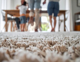 Low angle view of a cozy shaggy rug in a modern living space with blurred family members enjoying