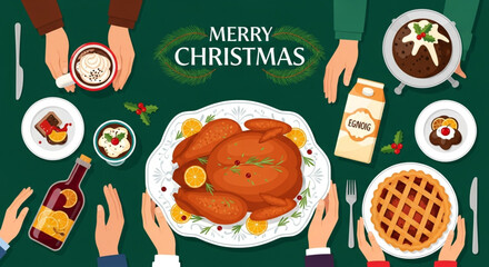 A vector illustration in a trendy retro style showing a table full of holiday food items for a Christmas or New Year celebration. Christmas Dinner On Table Top View. Christmas and New year invitation