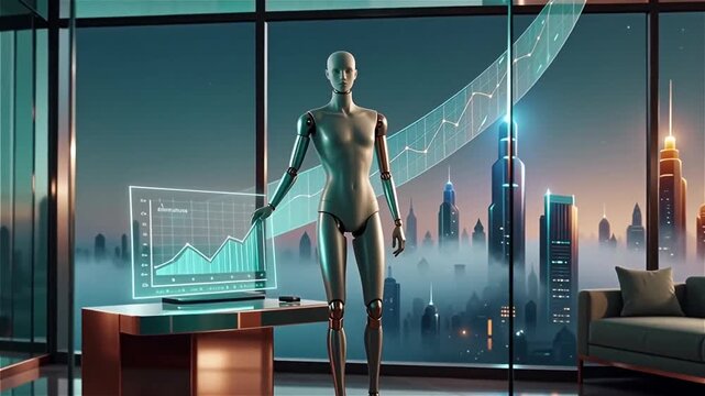 animated illustration of a robot standing in Glass cube living room at dusk