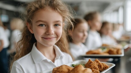 Children wearing white shirts hold trays filled with fried chicken and vegetables, smiling brightly while serving food during a joyful school event in the cafeteria
