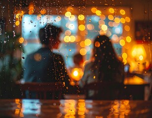 Cozy rainy evening view through a wet window capturing an intimate moment of a couple in a warmly