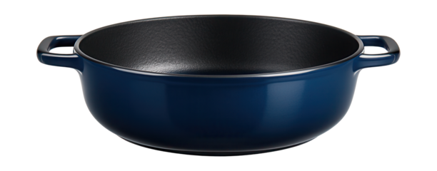 Wide, shallow cast iron casserole dish ideal for home baking.