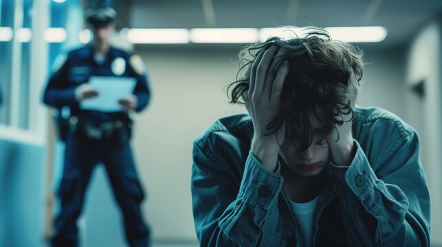 National Drunk and Drugged Driving Awareness Week, Devastated young person sitting in police station holding head in hands, blurred police officer in background taking notes