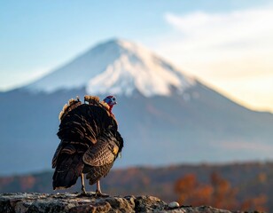 A striking wild turkey observes a majestic snow-capped mountain peak under a clear sky at dawn