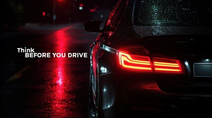 National Drunk and Drugged Driving Awareness Week,rear view of a car braking at night,bright red brake lights reflecting on wet asphalt, cinematic composition,printed message: "Think Before You Drive"