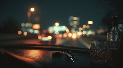 National Drunk and Drugged Driving Awareness Week, night scene showing empty car interior with keys left in the cup holder, strong message of responsibility
