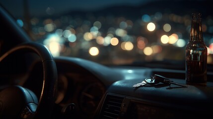 National Drunk and Drugged Driving Awareness Week, night scene showing empty car interior with keys left in the cup holder, strong message of responsibility