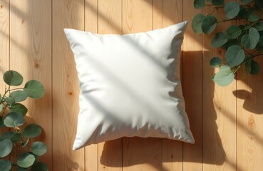 White square pillow mockup on light wood planks with green eucalyptus leaves and sunlit shadows. Blank surface for custom text or design placement. Minimalist home decor concept, natural aesthetic.