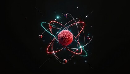 3D render of atomic structure with red nucleus and orbiting electrons. Glowing neon orbits cross against black void. Abstract particle motion visual.