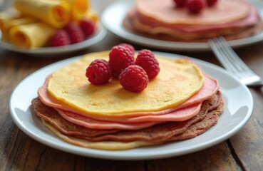 Stack of colorful pancakes with raspberries on white plate. Soft pastel yellow pink and brown crepes ready for breakfast or dessert. Healthy sweet snack cooked with natural dyes.