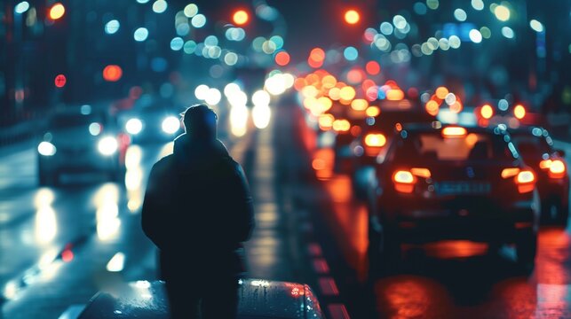 National Drunk and Drugged Driving Awareness Week, blurred nighttime traffic bokeh background, silhouette of responsible designated driver 