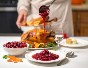 Serving homemade cranberry sauce over a festive holiday turkey dinner with all the traditional