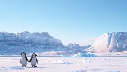 Two Cartoon Penguins on a Frozen Landscape Under Clear Blue Sky