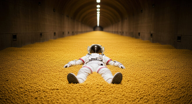 A man in a spacesuit is laying on a pile of yellow sand