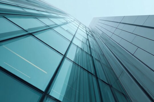 Modern architectural facade displays repeating patterns of glass and metal panels ascending toward the bright sky