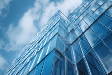 Fototapeta premium Modern architectural structure features gleaming blue glass facade meeting a bright sky