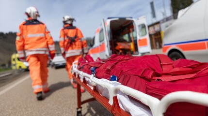 Fototapeta premium Two emergency responders wearing bright orange gear walk along a roadside toward an ambulance, carrying a stretcher with a red cover. The scene reflects urgency and teamwork