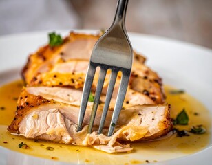 Juicy oven-baked chicken breast slices with a fork pulling a tender piece, served on a white plate
