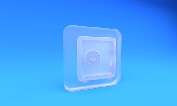 Frosted glass Safe icon isolated on blue background. The door safe a bank vault with a combination lock. Reliable Data Protection. Square frosted glass button. 3D render illustration