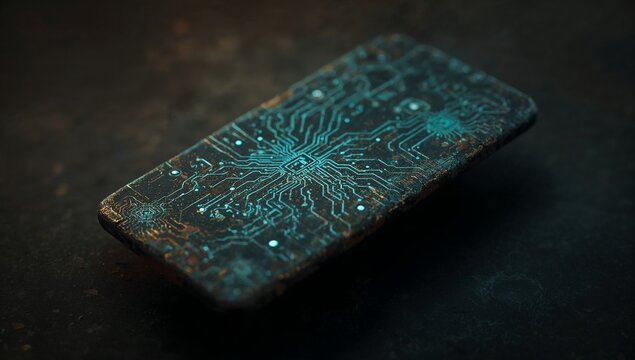 Abstract smartphone design with glowing circuitry and dark textures