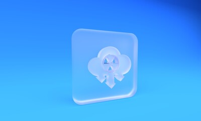 Frosted glass Acid rain and radioactive cloud icon isolated on blue background. Effects of toxic air pollution on the environment. Square frosted glass button. 3D render illustration