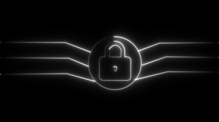 White neon padlock icon with circuit board lines on black background security - Powered by Adobe