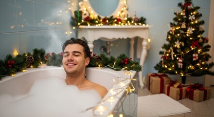 Man relaxing in festive bubble bath with lights