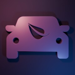 Purple Eco car concept drive with leaf icon isolated on purple-blue background. Green energy car symbol. Minimalism concept. 3D render illustration