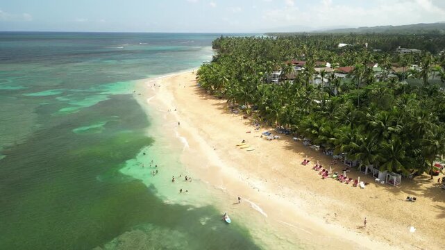 Drone captures playful colour gradient of the sea, warm beach sand, and natural palm shade areas.
