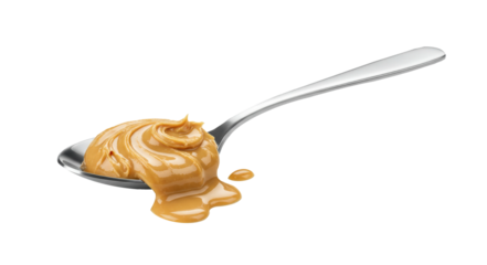 Spoon with creamy peanut butter on white background