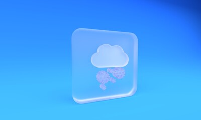 Frosted glass Cloud with snow icon isolated on blue background. Cloud with snowflakes. Single weather icon. Snowing sign. Square frosted glass button. 3D render illustration