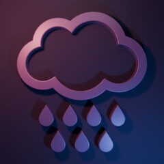 Purple Cloud with rain icon isolated on purple-blue background. Rain cloud precipitation with rain drops. Minimalism concept. 3D render illustration