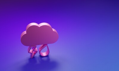 Pink Cloud with rain and lightning icon isolated on purple-blue background. Rain cloud precipitation with rain drops.Weather icon of storm. Minimalism concept. 3D render illustration