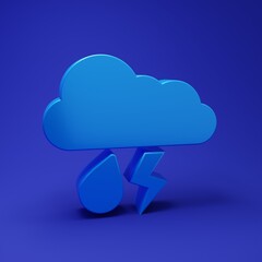 Blue Cloud with rain and lightning icon isolated on blue background. Rain cloud precipitation with rain drops.Weather icon of storm. Minimalism concept. 3D render illustration