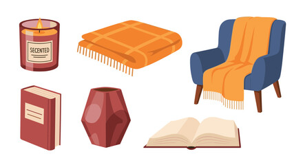 A set of cozy home interior items including a scented candle, a warm blanket, an armchair, books, and a vase.