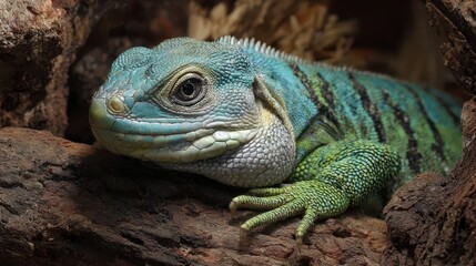 Fototapeta premium Brachylophus Fasciatus: The Striking Lau Banded Iguana in a Lush Terrarium Setting