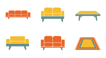Collection of colorful, stylized furniture illustrations, including sofas and a table, on white.