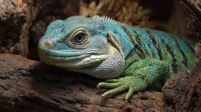 Brachylophus Fasciatus: The Striking Lau Banded Iguana in a Lush Terrarium Setting