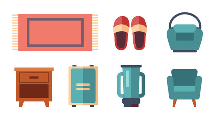 Flat vector illustration featuring a rug, slippers, bag, nightstand, suitcase, vase, and armchair arranged in two rows.