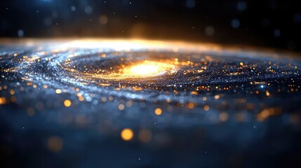 A vibrant, swirling galaxy with a bright, glowing core and luminous stars, set against the dark expanse of deep space. The nebula-like clouds are illuminated by