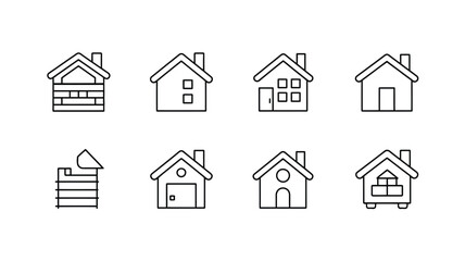 Fototapeta premium A collection of eight simple, outlined house icons in a grid layout.