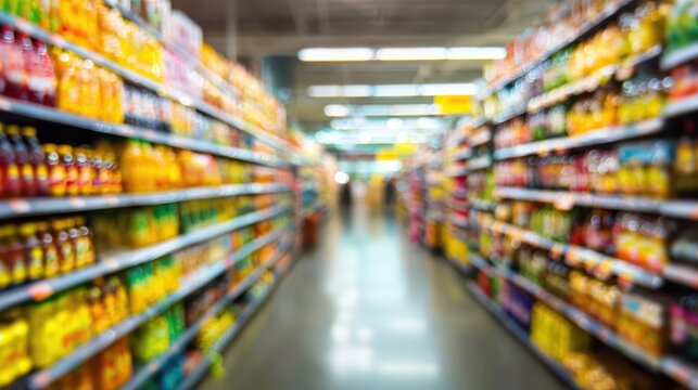 Blurred Aisle View: Abstract Background of Supermarket Shelves Filled with CPG Products - Retail and Consumer Trends