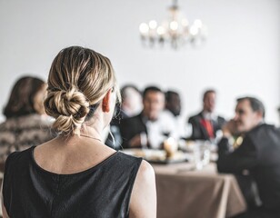 Woman attending a formal dinner event with a blurry background of people conversing in an elegant