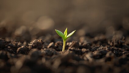 Tiny Green Seedling Growing in Dark Rich Soil Under Soft Light