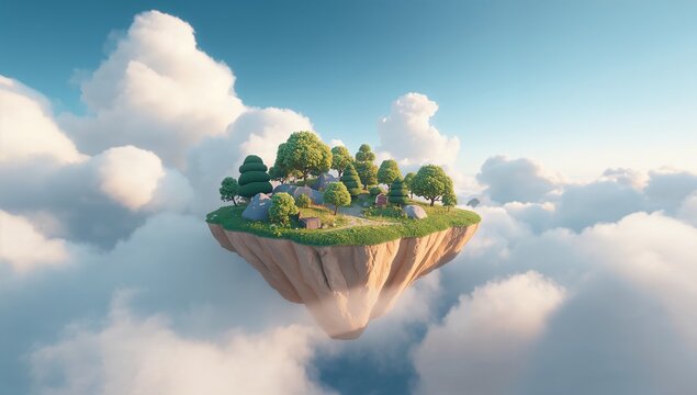 Floating Island with Lush Trees and Serene Cloudy Background