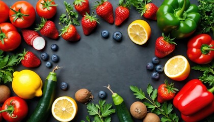 Vibrant assortment of fresh fruits, vegetables arranged on dark surface. Includes tomatoes, strawberries, lemons, blueberries, peppers, zucchini, kiwi, herbs. Offers healthy eating inspiration for