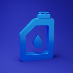 Blue Canister for motor machine oil icon isolated on blue background. Oil gallon. Oil change service and repair. Engine oil sign. Minimalism concept. 3D render illustration
